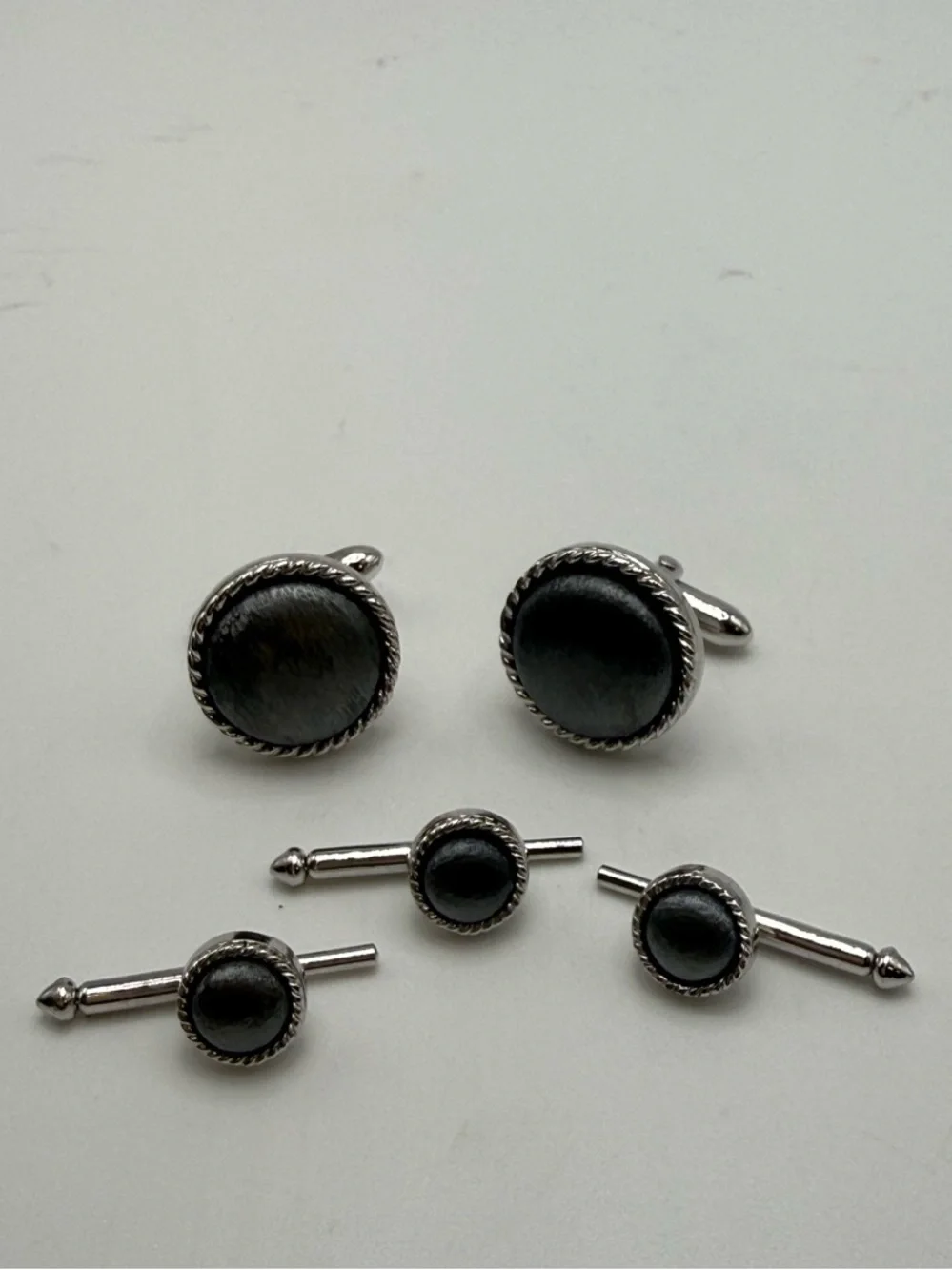Swank Cufflinks Stud Set Hematite Gray Silver Tone Vintage Formal Set